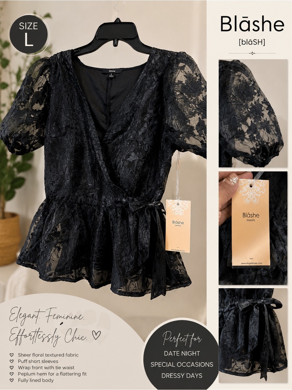 Blāshe Black Floral Lace Wrap Peplum Blouse - Women's